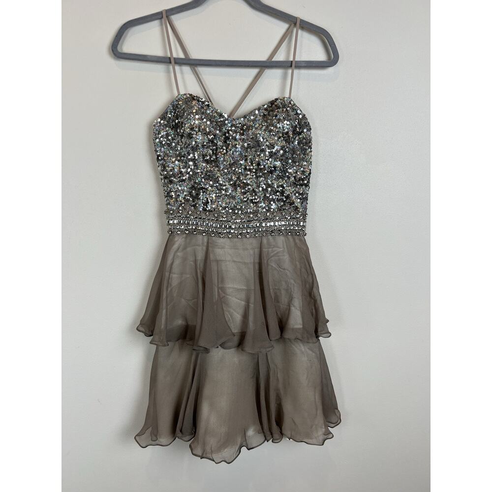 Shail K. Sequin Beaded Short Silk Cocktail Dress Hoco Homecoming Taupe Gold Sz 6